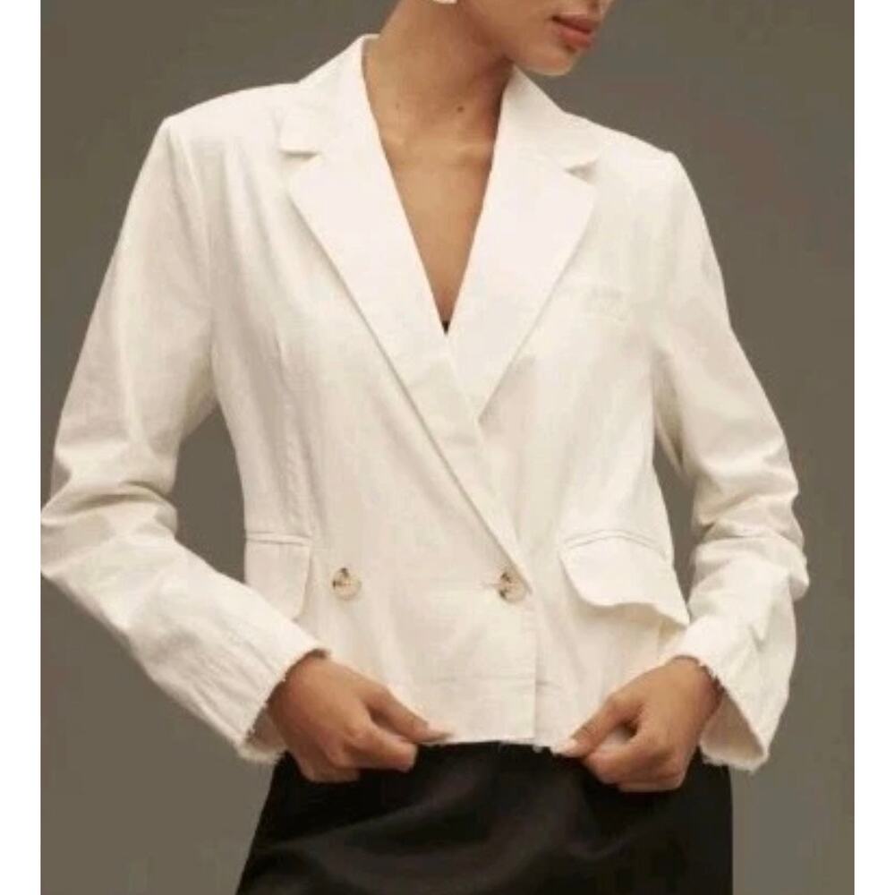 Pilcro by Anthropologie Fray Hem Blazer Ivory Double-Breasted Oversize Size XS